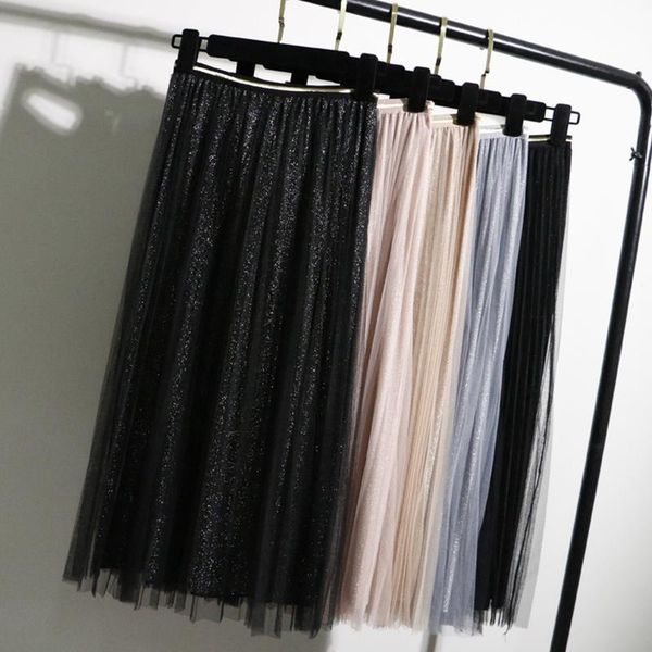 

tulle skirts womens black gray spring summer elastic high waist pleated midi skirt ankle length lurex tutu skirt