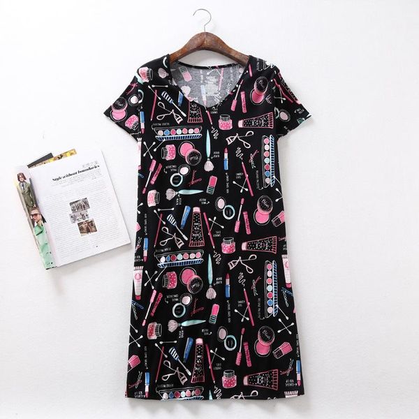

women's sleepwear 2021 female summer casual loosen black nighty dress ladies 100% cotton nightgown women short sleeve round collar slee, Black;red