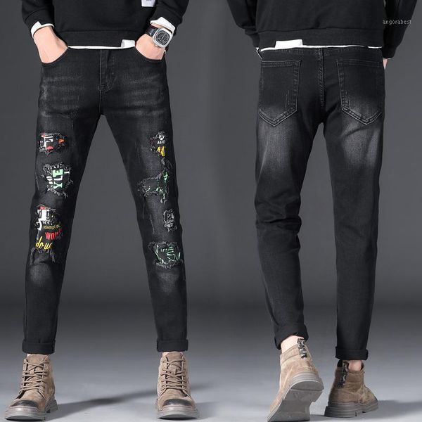 

autumn high end versatile jeans men's hole patch chaopai slim feet korean retro black pants1, Blue