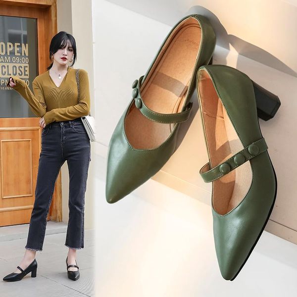 

the new leather pumps spring green pointed toe handmade round heels shoes woman party office lady pumps, Black