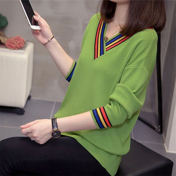 

plus size knit pullovers and sweaters women autumn winter v-neck colorfull striped loose knitwear oversized ladies jumpers 201221, White;black