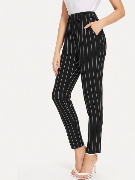 

elastic waist pinstripe cigarette pants k6zi#, Black;white