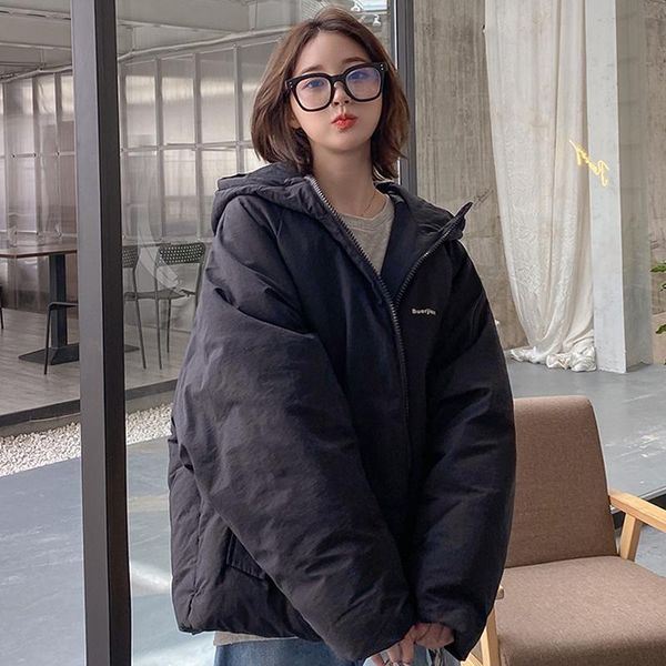 

women's down & parkas oversize winter coat women solid short jackets hooded plus size loose thick cotton padded woman outerwear, Black