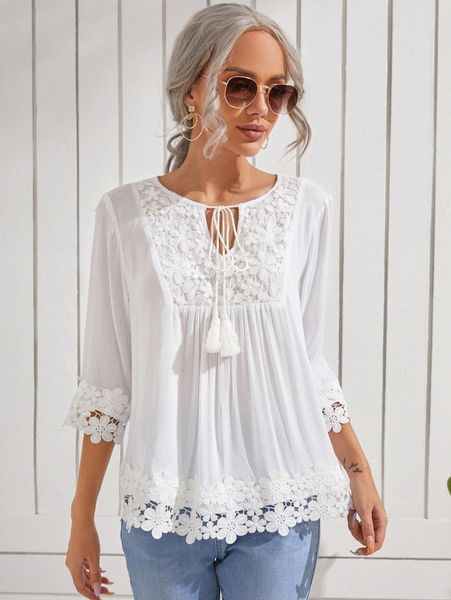 

contrast guipure lace tie neck tassel blouse 75q6#, White