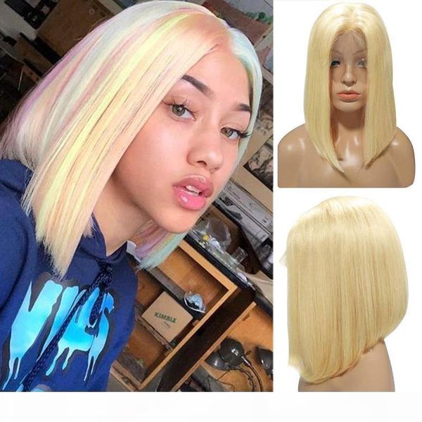 

bob lace front human hair wigs short blonde colored virgin malaysian glueless pre plucked 613 blonde full lace ombre bob wig bleached knots, Black;brown