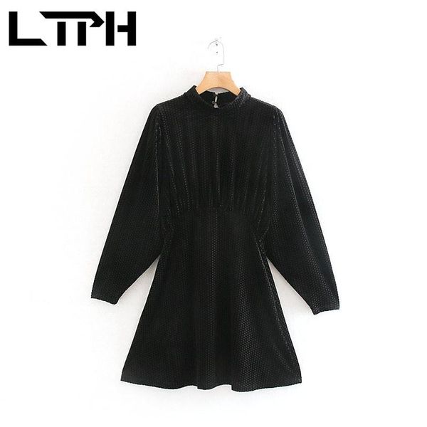 

ltph black jacquard velvet women dress vintage casual high waist slim long sleeve o-neck elegant dresses 2021 spring autumn new, Black;gray