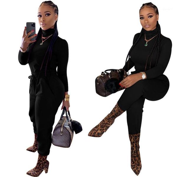 

two piece dress causal set women clothes 2021 high neck long sleeve slim t shirt and drawstring pockets full length pant winter outfit1, White