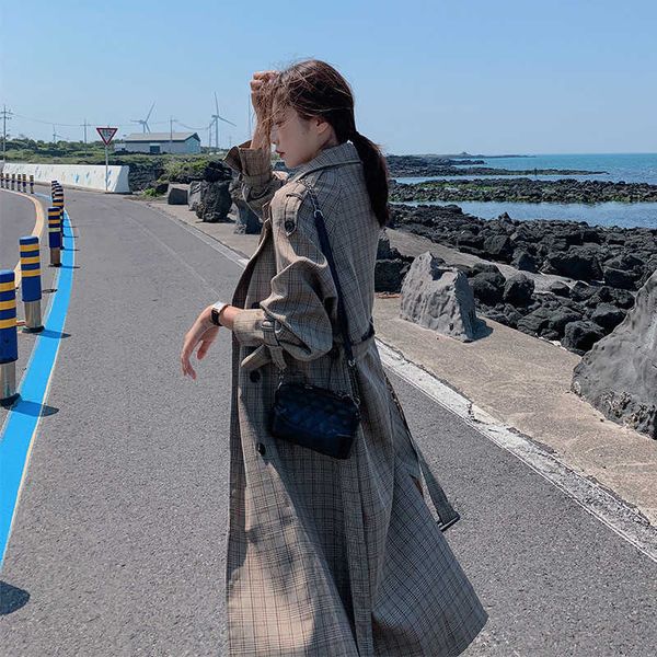 

2020 new fashion spring autumn trench coats women's clothing vintage long sleeve plaid windbreaker with belt overcoat xa142, Tan;black