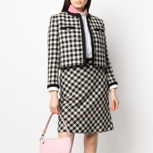 

women's jackets women tweed crop jacket autumn winter cropped coat runway single breasted short plaid outwear1, Black;brown