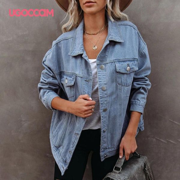 

ugoccam women denim jacket 2021 autumn winter oversize jackets washed blue jeans coat turn-down collar outwear bomber jacket, Black;brown