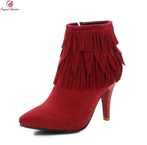 

boots original intention women ankle fashion tassel pointed toe spike heels nice black red shoes woman us size 3.5-141