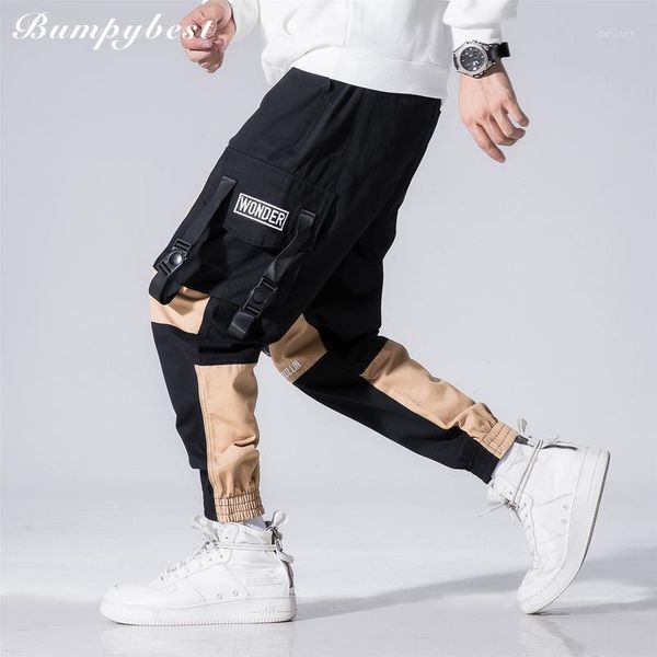 

bumpybeast men high street fashion hip hop cargo pant male spliced color ribbon casual harem trousers jogger sweatpants y98111, Black