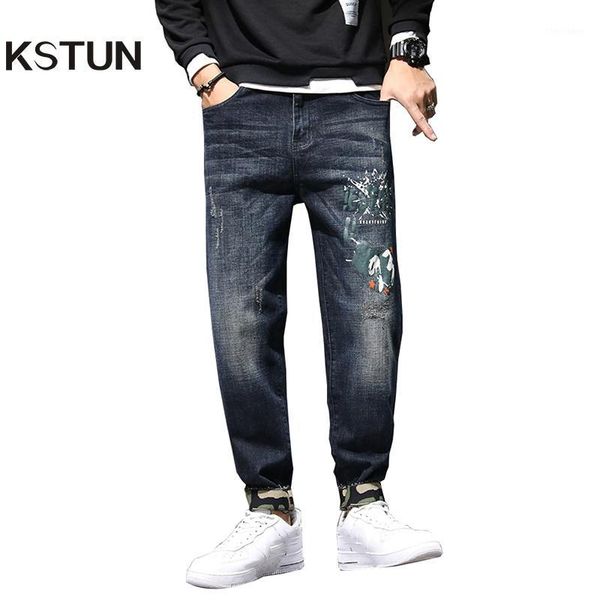 

men's jeans kstun fashion harem men streetwear blue stretch baggy printed pattern moto biker denim pants loose feet trousers 421