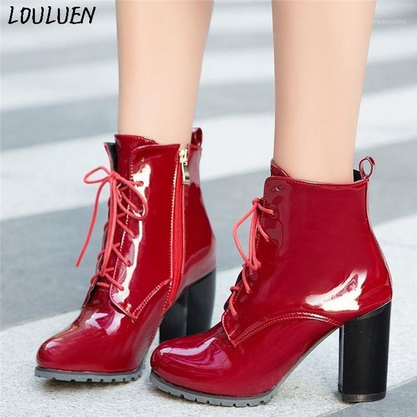 

boots louluen 2021 retro fashion women high heel lace up british style patent leather ankle roman laarzen bottes #091, Black