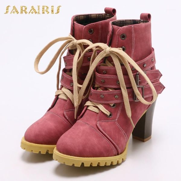 

boots sarairis 2021 big size 42 vintage belt buckles high heels motorcycles women shoes1, Black