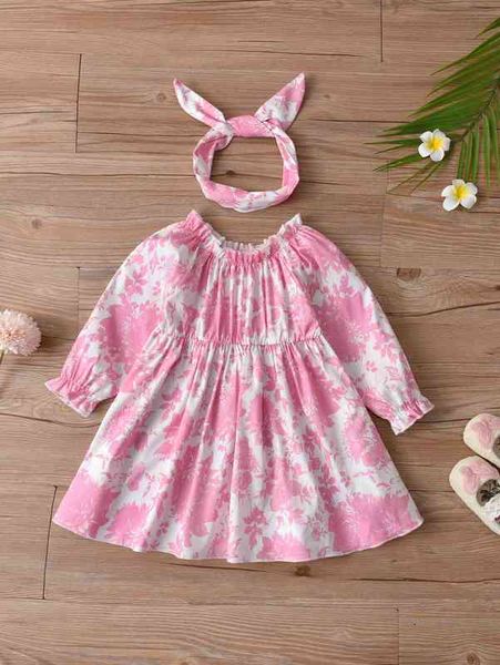 

baby floral print flounce sleeve frilled dress & headband she, Red;yellow