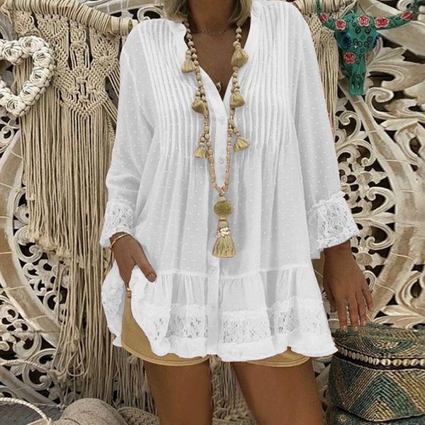 

2021 women lace hollow shirts dress long sleeve v-neck pleated loose dot mini dress female blouse vestido plus size, White