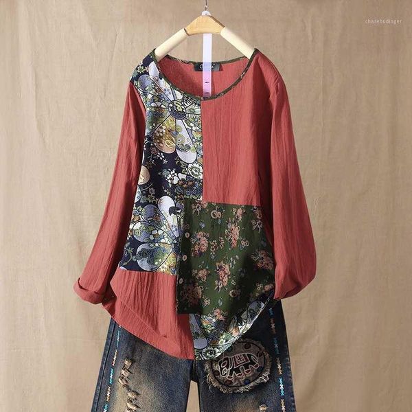 

2020 spring floral print patchwork blouse zanzea vintage casual cotton shirts women long sleeve loose tunic blusas chemise1, White