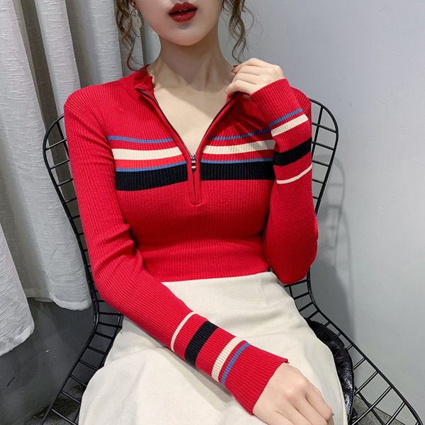 

half high neck knitwear women's autumn 2020 new korean version slim fit knitted sweatersweaterwith striped sweater zipper ap0xe ap0x, White;black