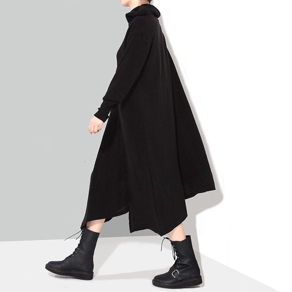 

[eam] women asymmetrical long knitting big size dress new high collar long sleeve loose fit fashion spring autumn 2020 lj201203, White;black