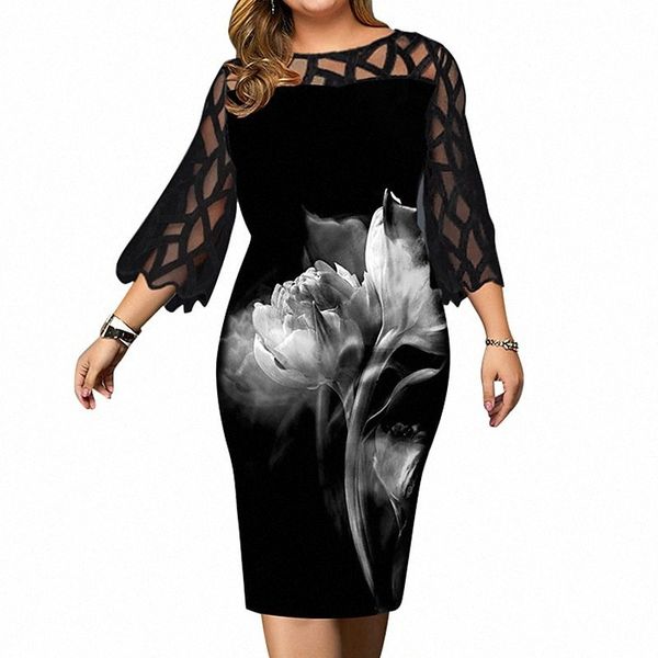 

women's plus size a line dress floral round neck split 3/4 length sleeve spring summer work casual knee length dress causal daily dress, Black