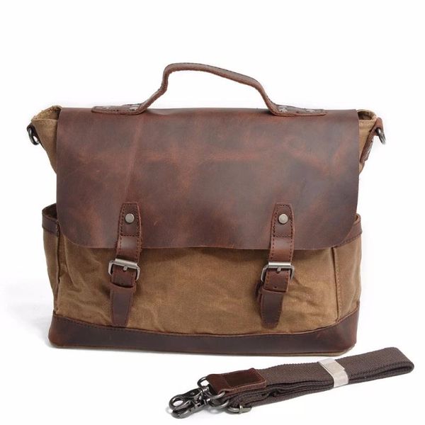 

male bag waxed canvas leather briefcase computer lapbags vintage waterproof work portable shoulder crossbody bag for men