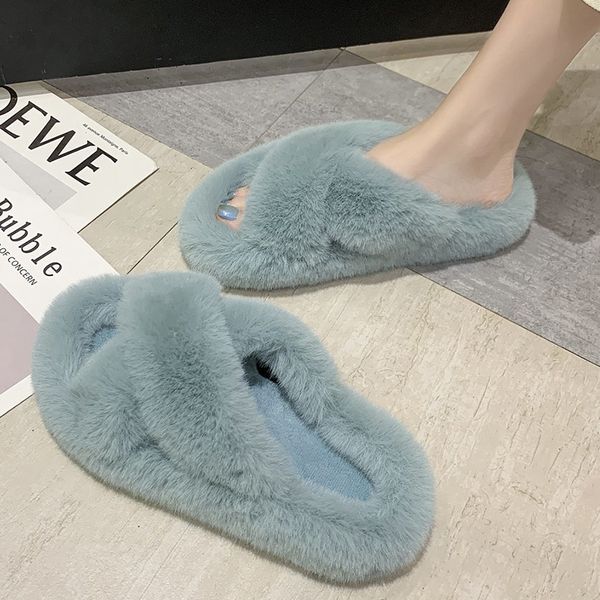 

2020 winter women slippers faux fur fully wrapped sole vamp furry slippers black female warm flats large size slides cozy home x1020