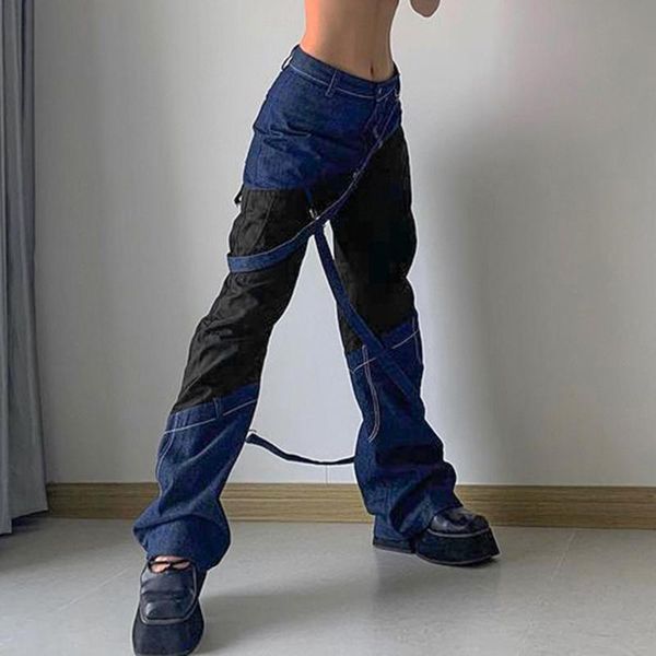 

women's 2021 new fashion cool and high street joint lace-up pockets high-waisted slimming daily straight-leg jeans long trousers, Blue