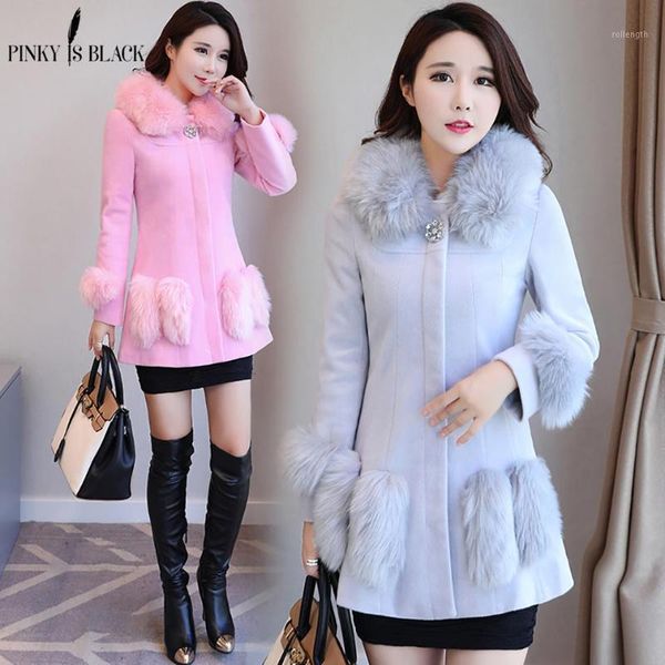 

pinky is black new 2020 winter collection woolen coat women fashion fur collar long womens wool blended jacket female