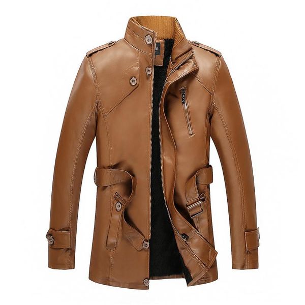 

2021 pu leather jackets men autumn winter solid stand collar fashion men velveted jacket jaqueta masculina z0731, Black;brown