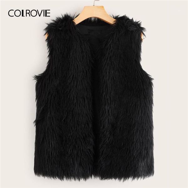 

colrovie black open front faux fur coat without tee women 2020 winter casual sleeveless glamorous outerwear1, Black;brown