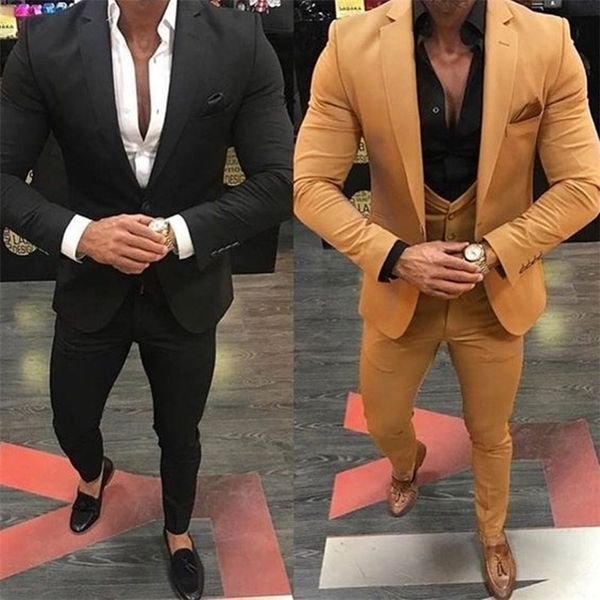 Khaki / Homens negros ternos para casamento 3 peças de negócio terno blazer pico traje lapela homme ternos festa ternos (jaqueta + pant + colete) 201106