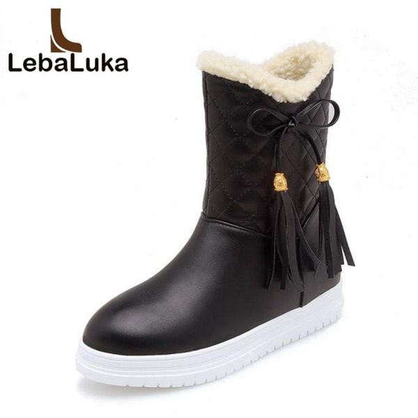

tuyoki women inside heels mid calf boots plush fur warm shoes woman bowknot winter snow boots thick bottom shoes size 33-43, Black