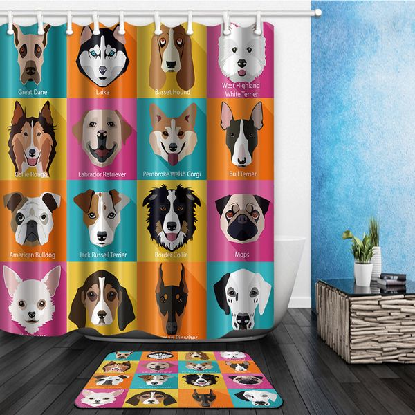 

cartoon dog animal pattern polyester waterproof cute lovely shower curtains with rectangle non-slip floor mat bath curtain set