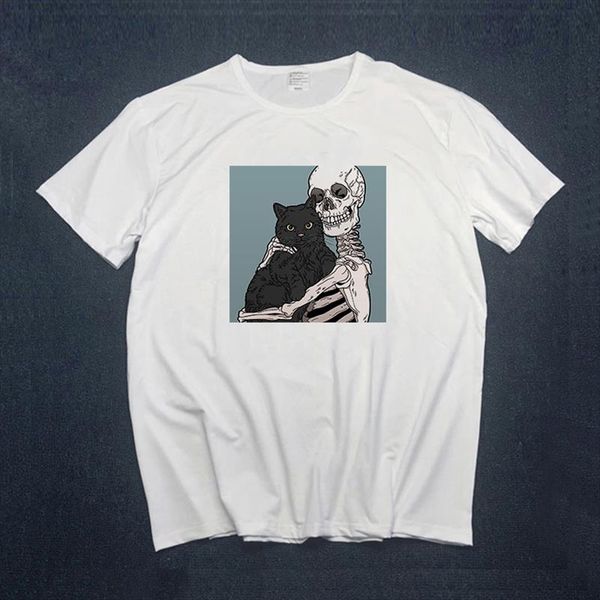

хорро череп и милый кошка женская футболка забавный мультфильм топ tees kawaii футболка женщины harajuku с коротким рукавом ulzzang рубашка, White