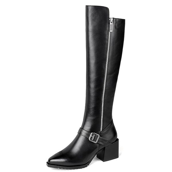 

winter boots women knee high boots fur warm new fashion real leather women shoes round toe heel black ladies 2020