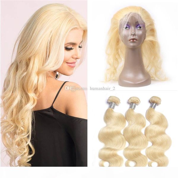 

brazilian virgin human hair weaves with lace closure pre plucked 360 lace frontal with bundles 613 bleached blonde body wave human hair, Black;brown