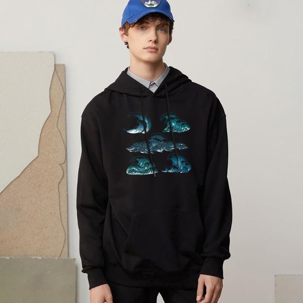 

waves prints man sportswears casual warm tracksuit harajuku thicken swetshirt cartoons long sleeves pocket clothes men hoodies, Black