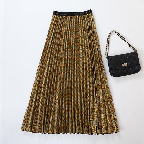 

autumn winter long skirt women streetwear high waisted skirt female ladies pleated skirts elegant maxi women plaid, Black