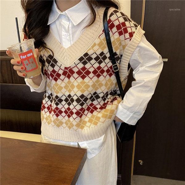 

2020 fashion casual knit vest pullovers elasticity sweater spring autumn women sleeveless v-neck diamond print 1, Black;white