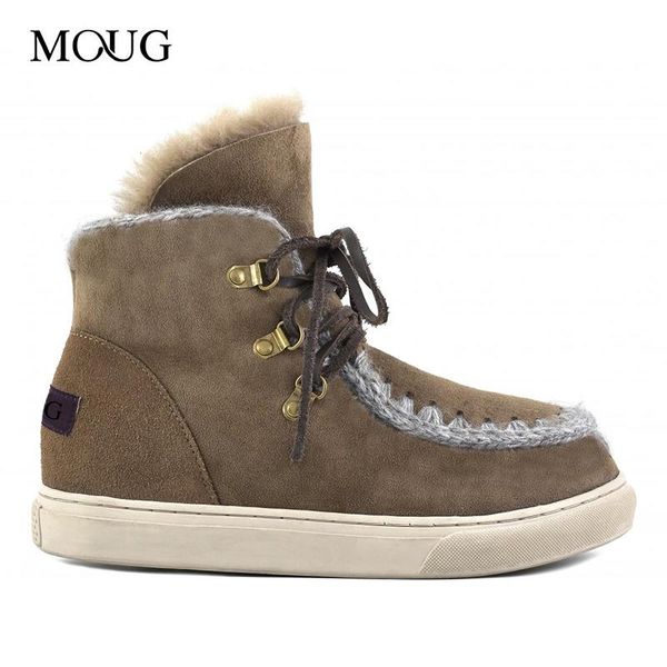 

moug winter shoes women snow boots original sneaker lace-up handmade sheepskin platform ladies ankle boots, Black