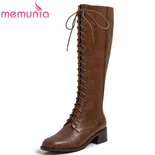 

boots memunia 2021 genuine leather knee high women riding round toe cross tied square heel ladies shoes, Black