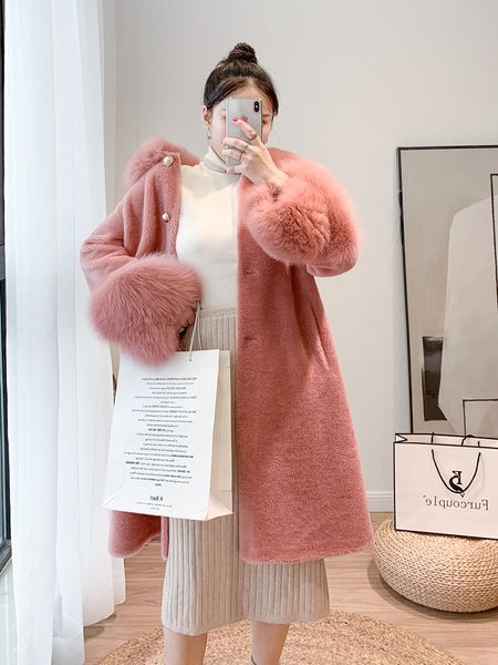 

coat 2021 women outerwear jacket natural granule sheep real oftbuy shearing collar fur streetwear fox thick warm winter casual mdkgd, Black