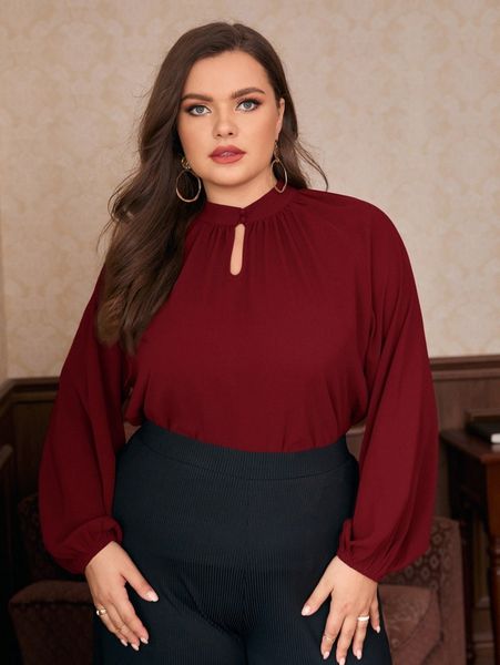 

plus ruched keyhole neck raglan sleeve blouse y3gf#, Black