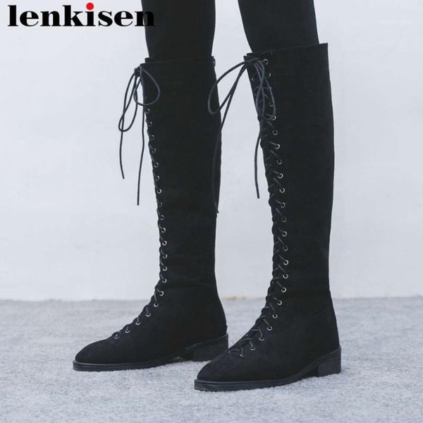 

lenkisen rock style med square heels metal zipper motorcycle boots floack cross-tied pretty girls streetwear knee-high boots l951, Black