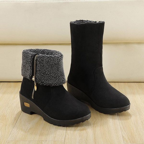 

women wedges heels shoes winter slip on warm plush snow boots 2020 non-slip ladies girls short boots zip female footwear casual, Black