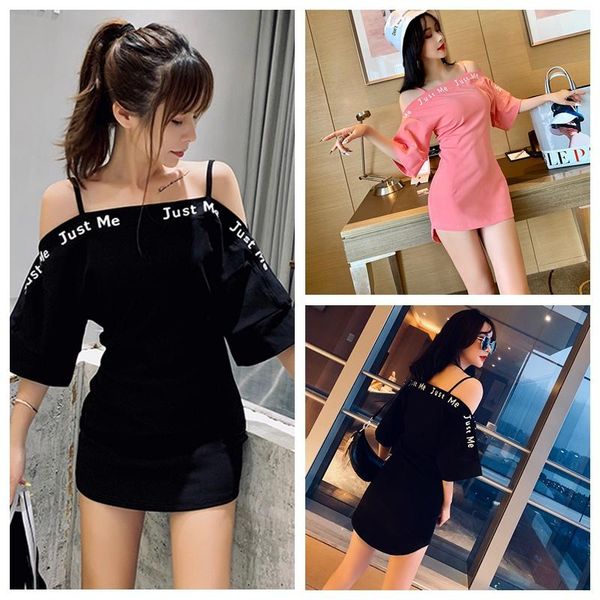 

casual dresses summer korean slash neck letter print short-sleeved dress solid color mini, Black;gray