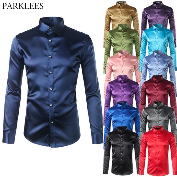 

silk satin shirt men chemise homme casual long sleeve slim fit mens dress shirts business wedding male shirt 201120, White;black