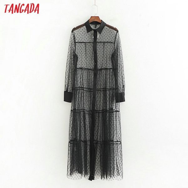 

tangada women polka dot transparent mesh shirt dress long sleeve female chic black white midi dresses vestidos 1d151 t200117, White;black