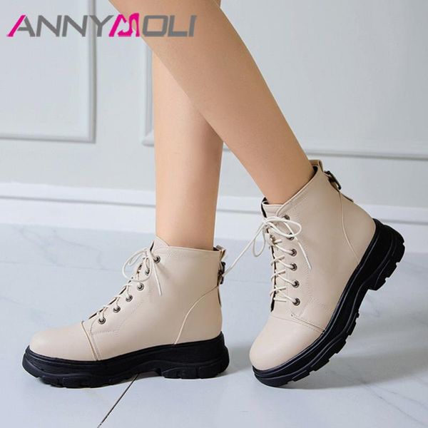 

boots annymoli motorcycle woman flat platform ankle lace up short buckle female shoes autumn winter beige white 40, Black